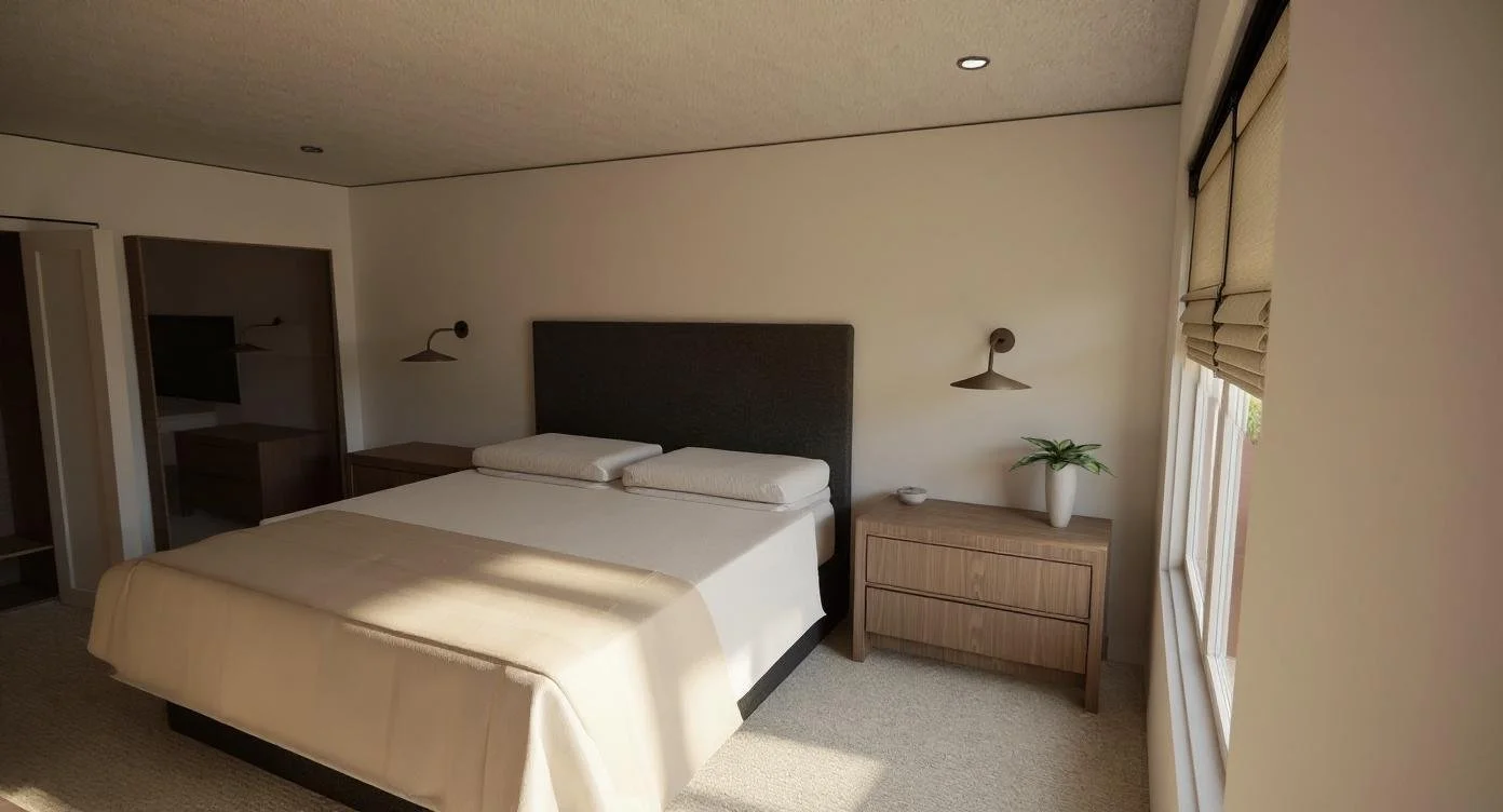 A bedroom with a large bed having a dark headboard, two white pillows, a beige blanket, two wooden bedside tables with a wall sconce on either side, a small plant on one table, a small bowl on another, a window with beige curtains, and a closet with