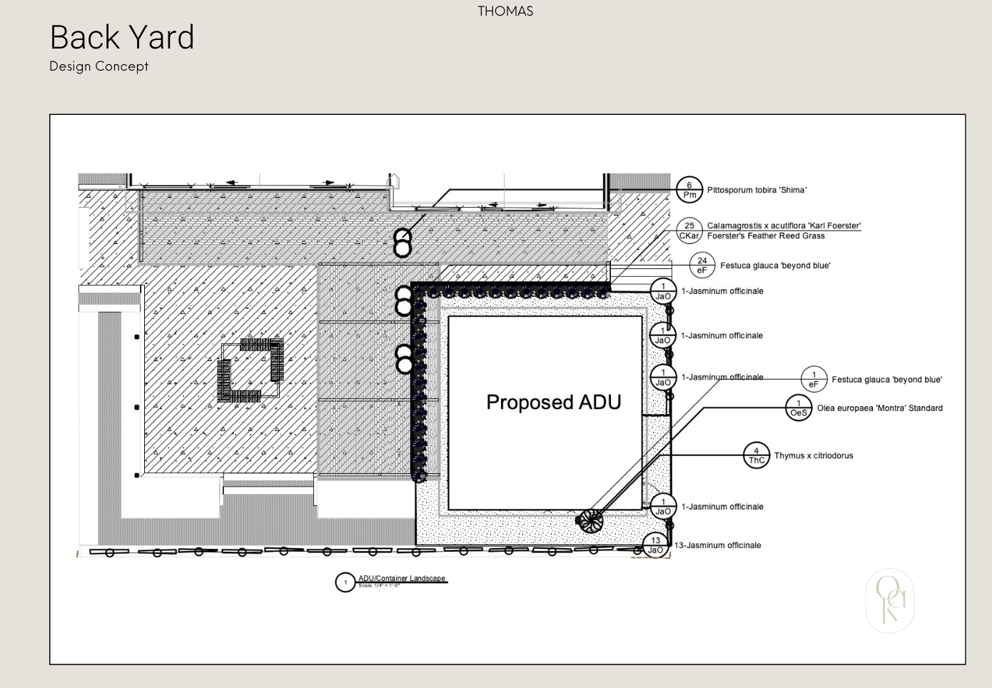 A detailed landscape design plan for a backyard, showing various plant species, structural elements, and a proposed ADU (accessory dwelling unit) outline.