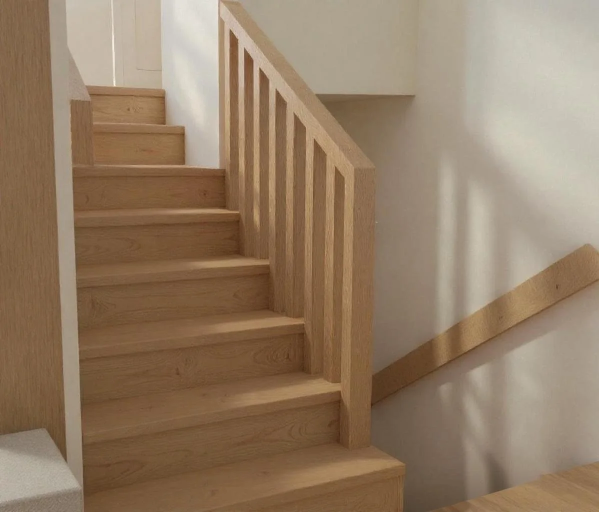 Wooden staircase with a railing on the left side, ascending to an upper floor, next to a beige wall with soft shadows.