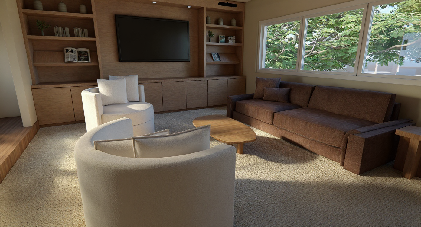 Living room with a brown sofa, white armchairs, a wooden coffee table, a built-in wooden entertainment unit with a TV, and large windows with greenery outside.