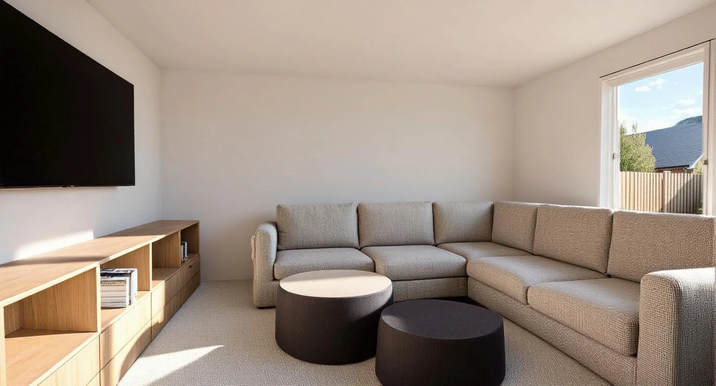 Living room with a beige sectional sofa, two black and beige round ottomans, a wall-mounted flat-screen TV, and a wooden TV stand with books. There is a window on the right side showing a fence and part of a house outside.