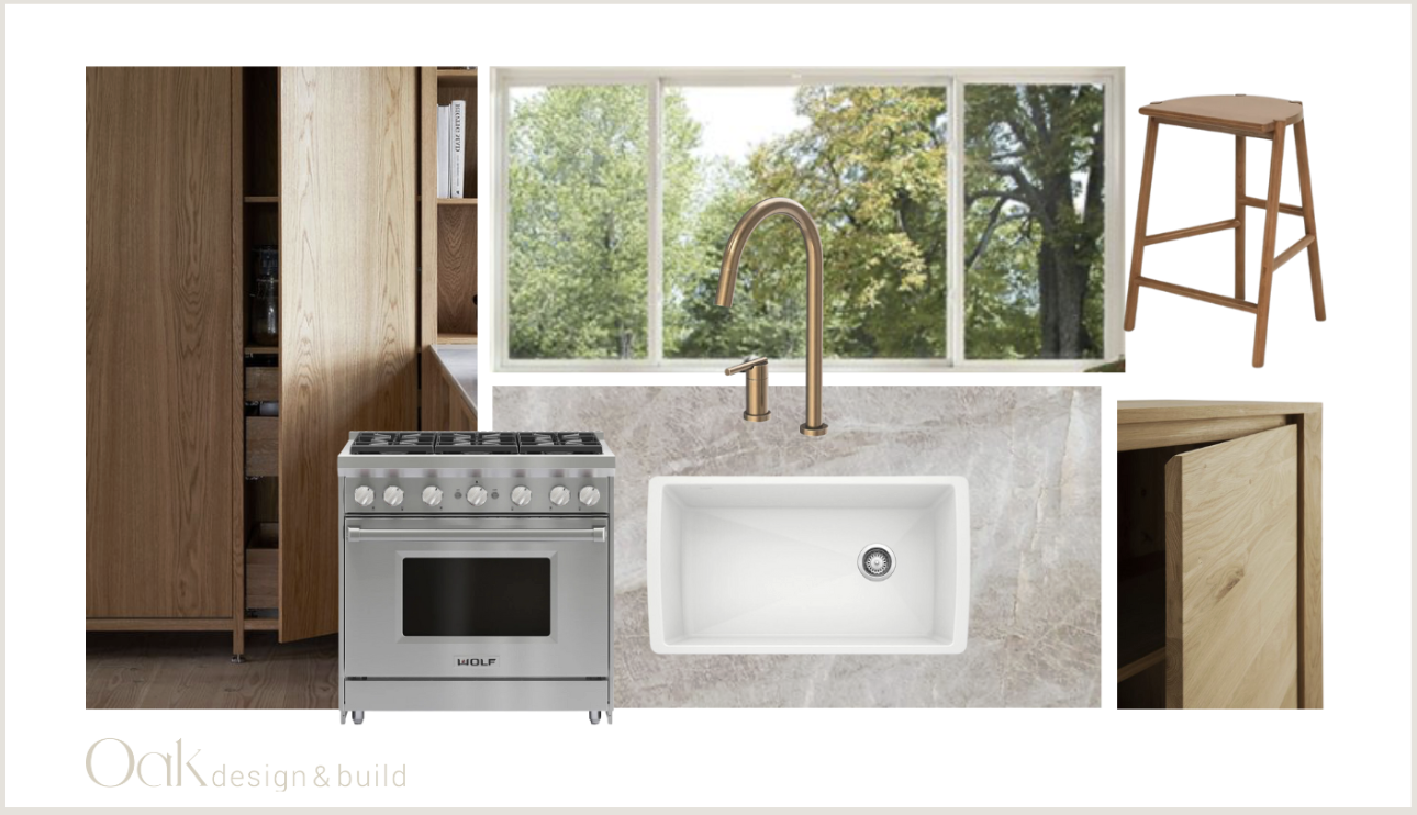 A kitchen design featuring wooden cabinets, a stainless steel stove, a white sink with a gold faucet, a window showing green trees outside, a wooden stool, and a wooden cabinet.