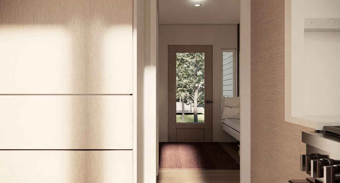 A view through an indoor hallway looking outdoors to trees and grass, with a small window on the right and a door straight ahead.