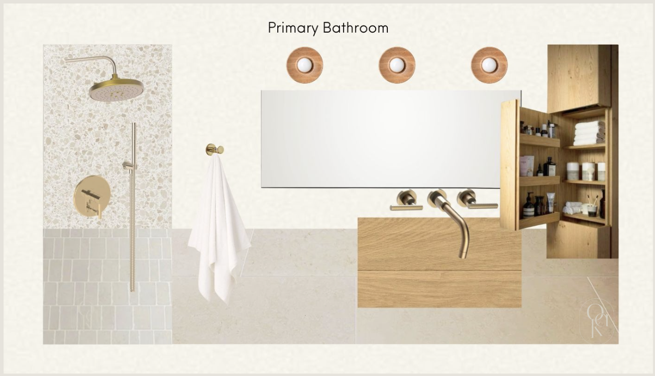 A modern primary bathroom with a large mirror, three round wooden wall lights, a wooden vanity with a sink and a brass faucet, open wooden shelves with towels and toiletries, a wall-mounted white towel, and a shower area with a large rainfall showerh