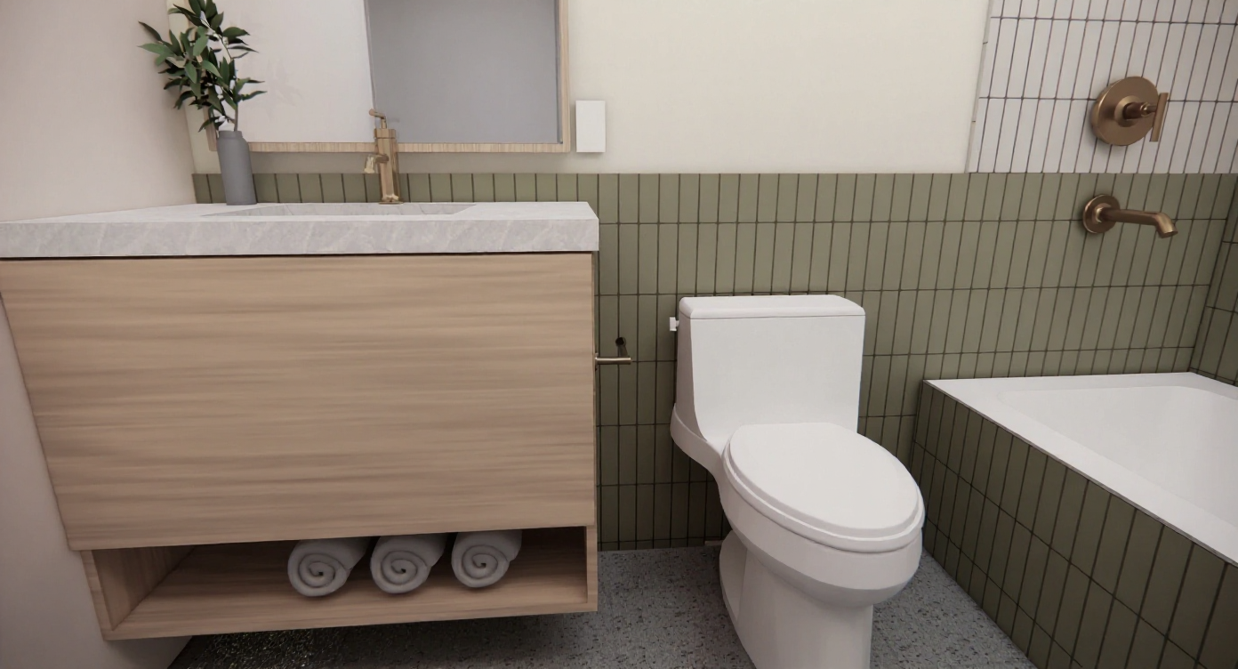 Modern bathroom with a white toilet, a wooden vanity with rolled towels underneath, a sink with a faucet, a framed mirror, a potted plant, beige and green tiled walls, and a bathtub with a brass faucet and shower head.