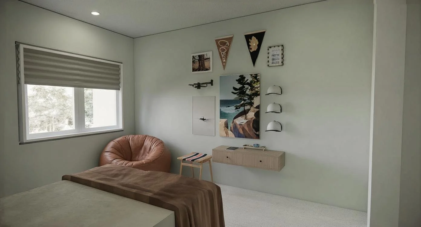 A modern bedroom featuring a window with a white roller shade, a round tan chair near the window, a small wooden stool with a striped cloth, a floating beige cabinet with a remote control, a large wall art of trees and rocks, three white wall-mounted