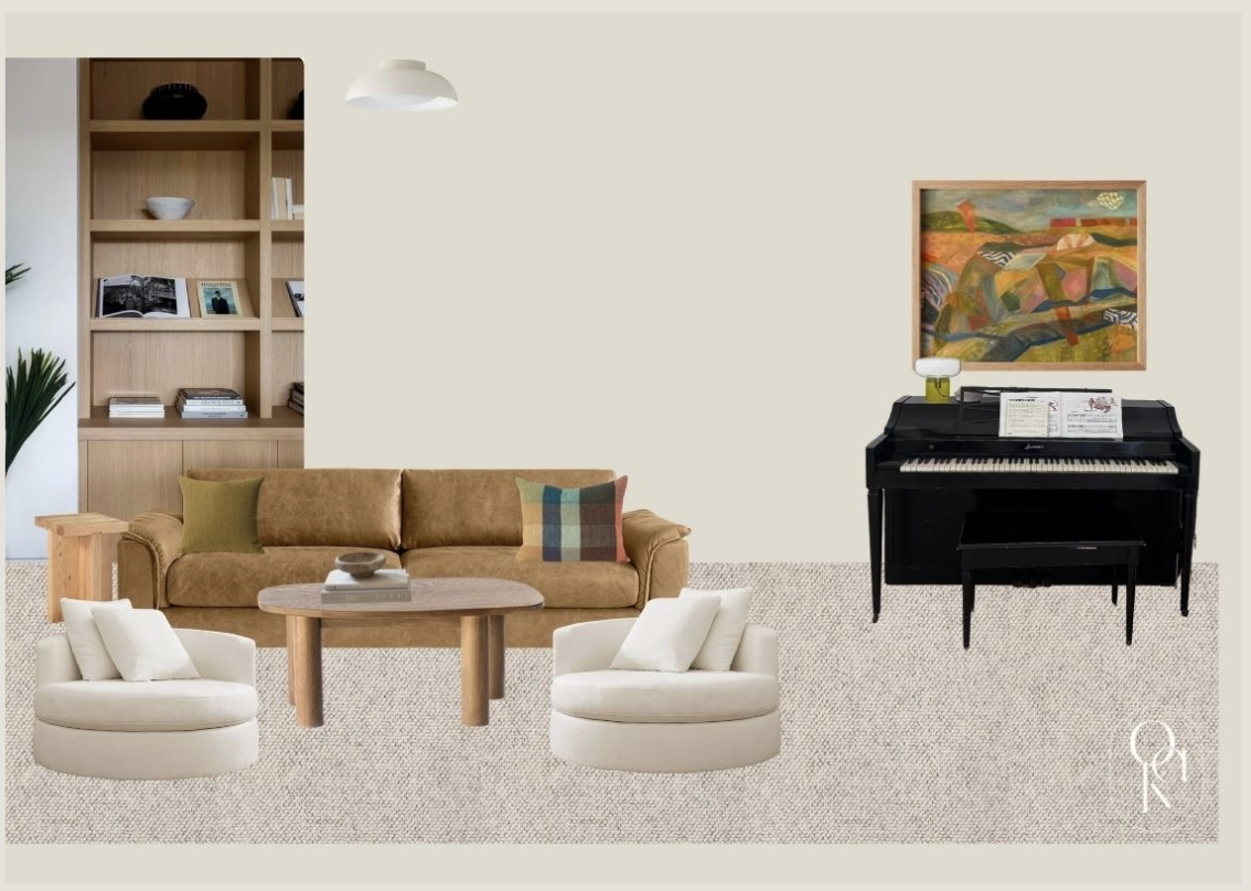 Living room with a brown sofa, two white round chairs, a wooden coffee table, a black upright piano with sheet music on it, a colorful abstract painting above the piano, and a wooden bookshelf filled with books and decor.