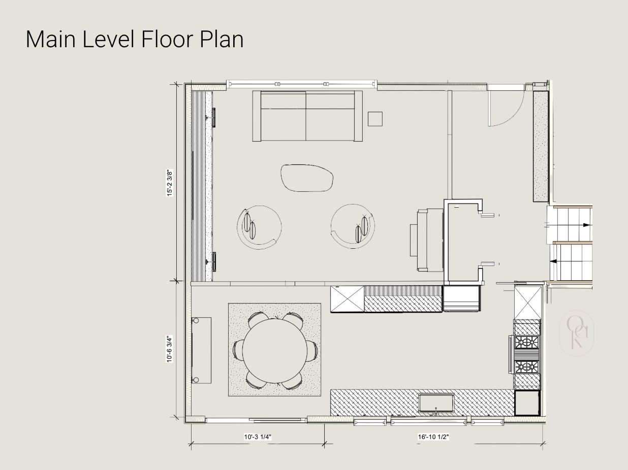 Main level floor plan of a house showing a living room, dining area, and kitchen with detailed measurements.