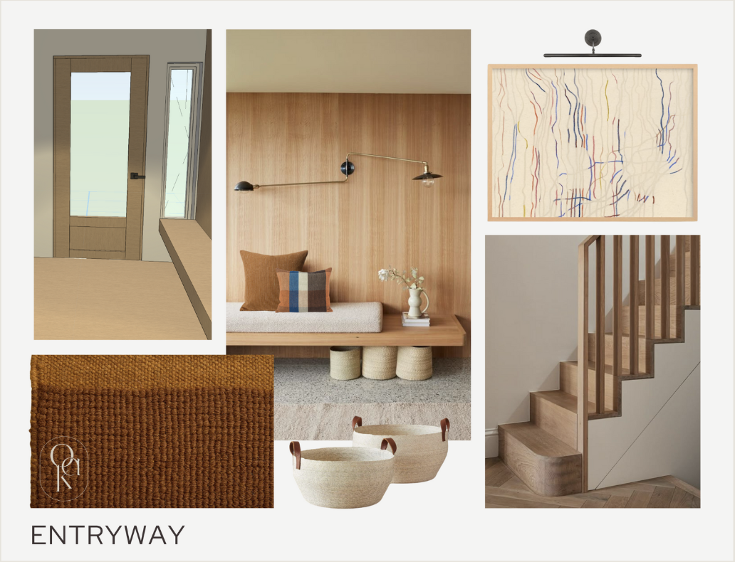 Collage of interior home design elements: front door, living area with wooden wall and seating, abstract artwork, staircase, textured rug, and woven baskets, labeled 'Entryway'.