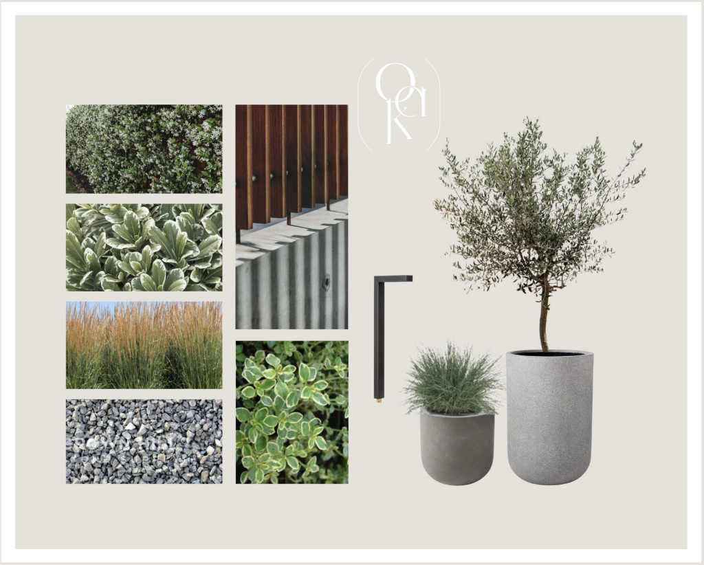 Collage of various garden plants and materials, including shrubs, variegated foliage, ornamental grass, gravel, and potted trees, with garden lighting fixtures.