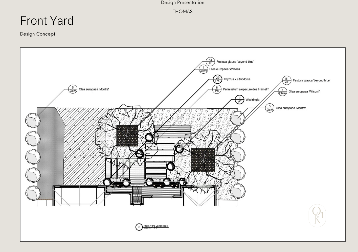 A detailed landscape design plan for a front yard, including trees, shrubs, pathways, and planting annotations.