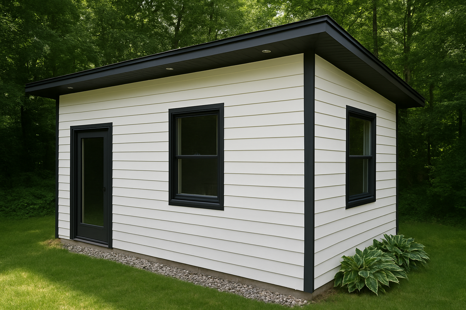 This crisp white Oakville suite was built to serve as both a home office and a private gym.  Nestled in a beautiful, wooded lot, with a durable concrete foundation and year-round comfort, it's the perfect balance of productivity and wellness, right i