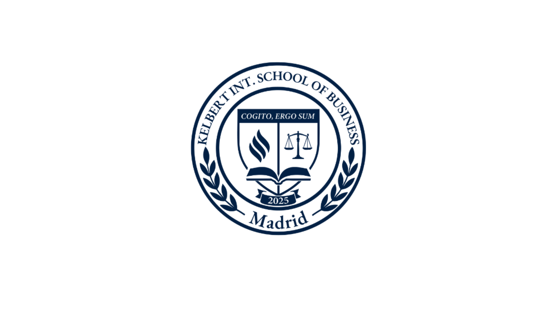 Seal of the Keelbert International School of Business with the Latin phrase 'Cogito, Ergo Sum' and the year 2025, located in Madrid.