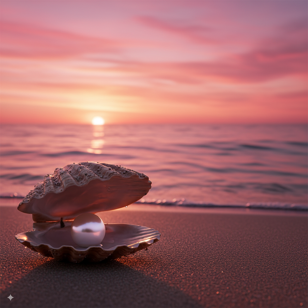 Una conchiglia aperta sulla spiaggia con una perla all'interno, sullo sfondo un tramonto sul mare con cielo rosa e acqua calma.