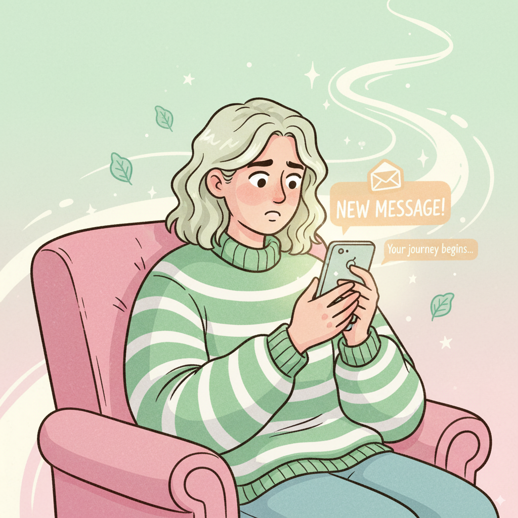 Donna seduta su una poltrona rosa, guarda il telefono con espressione preoccupata, con un messaggio di notifica che dice 'Nuovo messaggio!'.