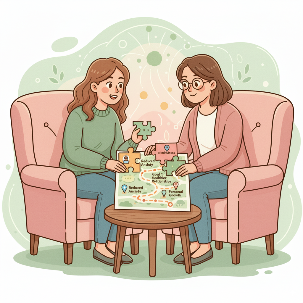 Due donne sedute su un divano rosa, che giocano con pezzi di un puzzle su un tavolino, discutendo di mindfulness, ansia ridotta e crescita personale, con un diagramma sul tavolino.