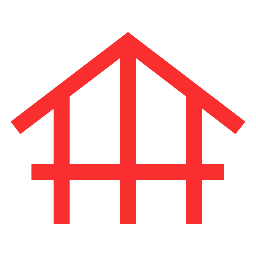 Red house icon with a triangular roof and vertical and horizontal lines representing walls and door.