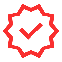 A red checkmark inside a red outline badge or seal on a black background