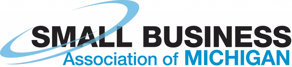 Logo of Small Business Association of Michigan, featuring a swoosh design and text in black and blue.