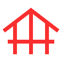 Red outline of a house with a garage, front door, and roof, drawn in a simple line art style.