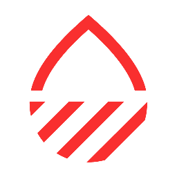 A red drop shape with diagonal black and red stripes at the bottom, on a white background.