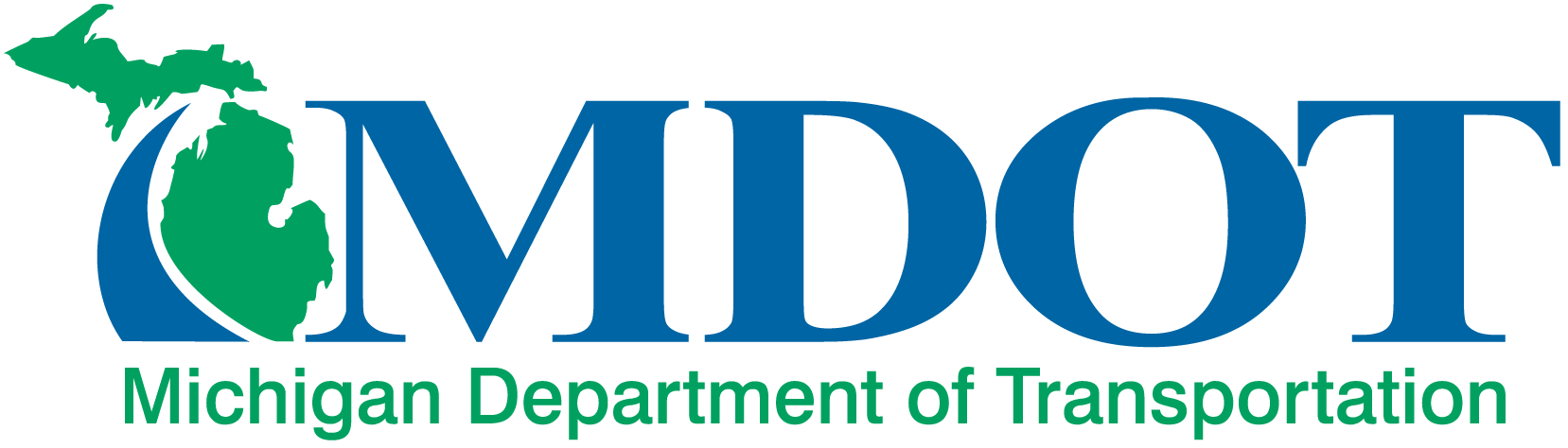 Logo of the Michigan Department of Transportation with a graphic of Michigan's shape in green.