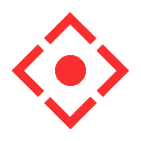 A black and red geometric design with a central circle surrounded by square and diamond shapes.