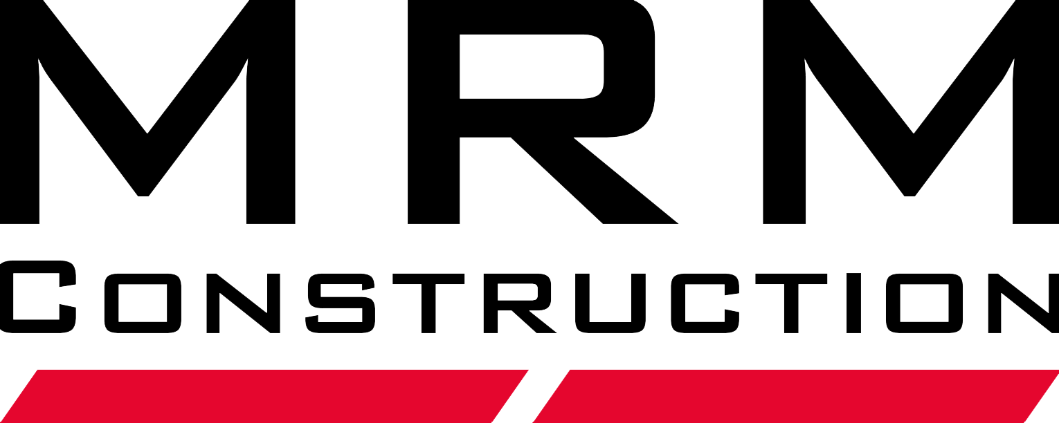 MRM Construction logo in black and red with stylized text and a red underline.