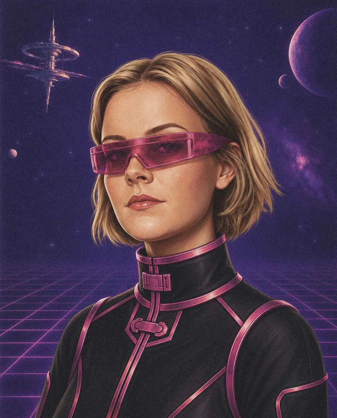 Digital portrait of a woman against a futuristic background – innovation meets style