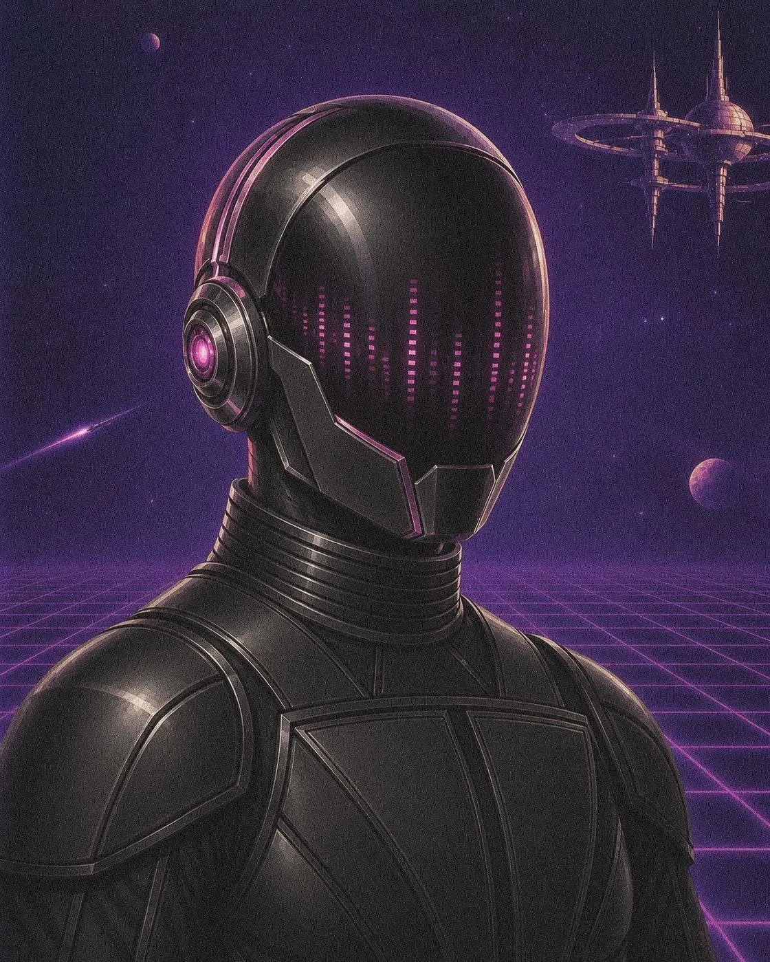 Digital illustration of a humanoid robot with a glowing blue visor against a dark background with neon circuit patterns