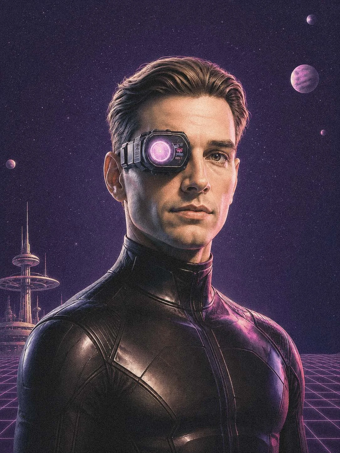 Digital portrait of a young man with a futuristic visor in front of a neon-lit background