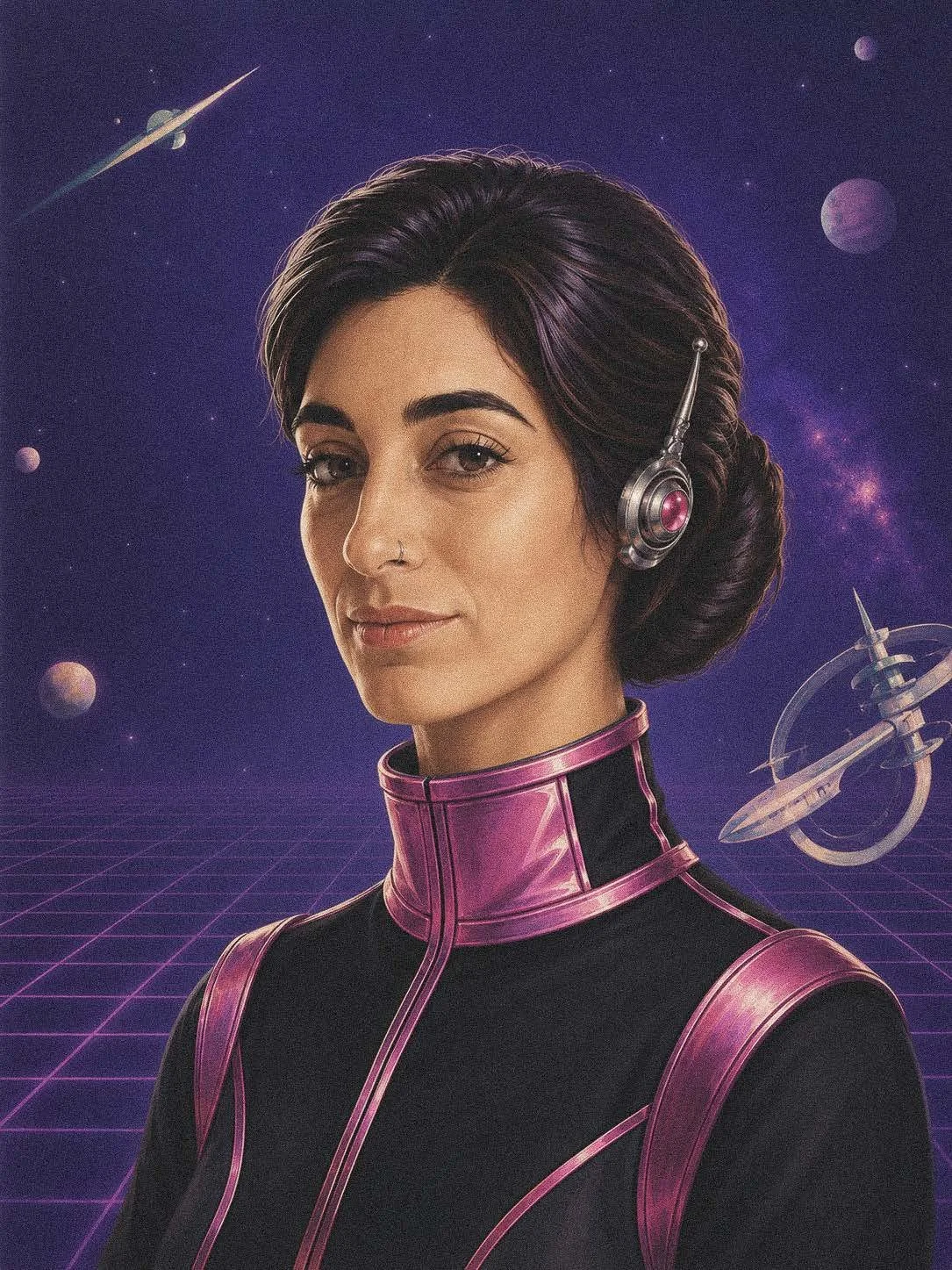 6:30 p.m. Digital portrait of a young woman with neon pink and blue accents against a dark, futuristic background