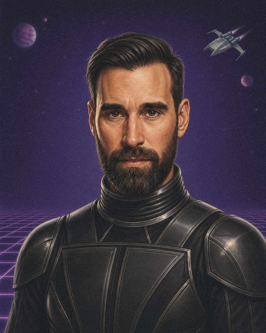 Digital portrait of a man with a beard in front of a dark background with geometric neon patterns