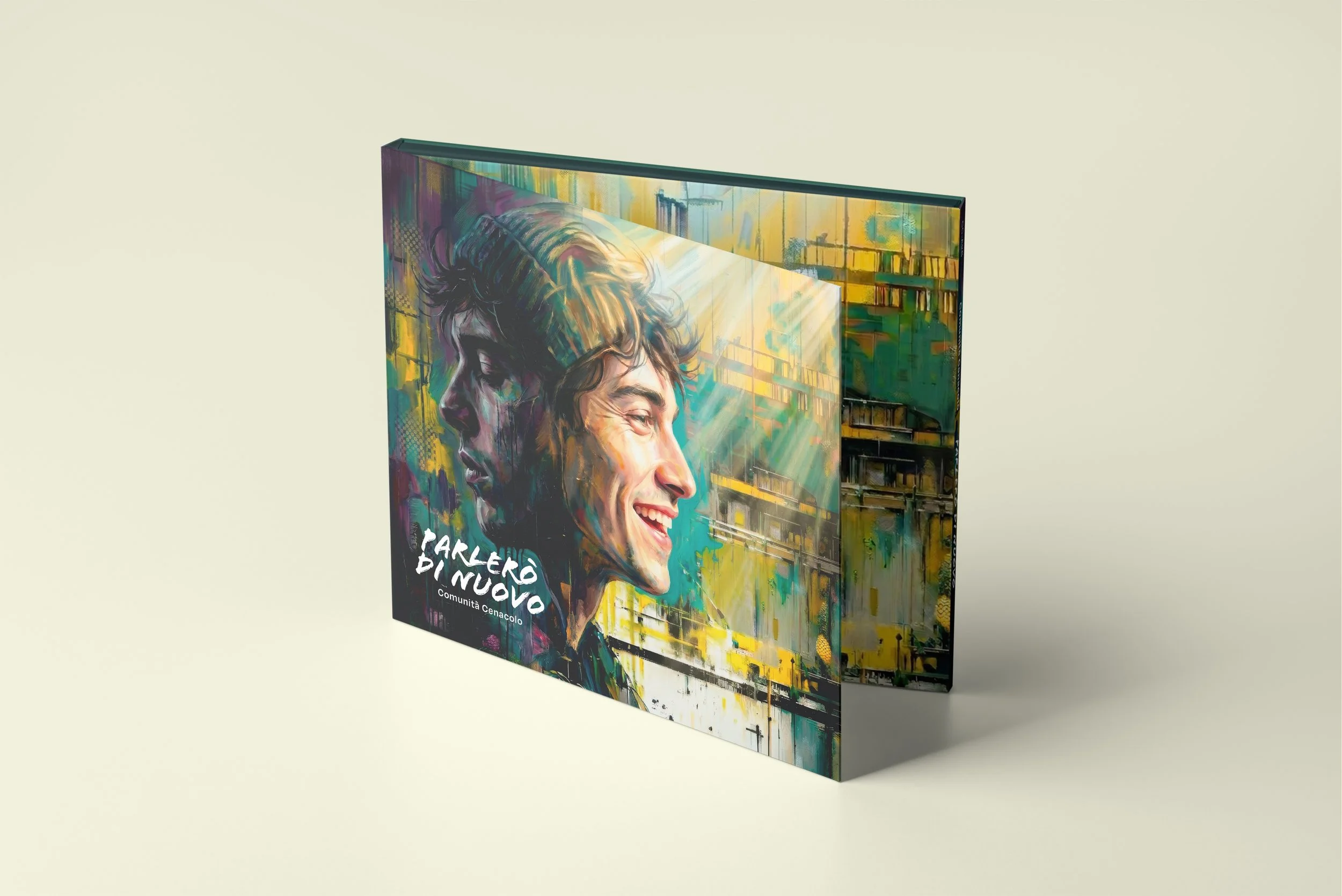 Digipack dell'album "Parlerò di nuovo" della Comunità Cenacolo, con illustrazione di un volto dipinto tra ombra e luce