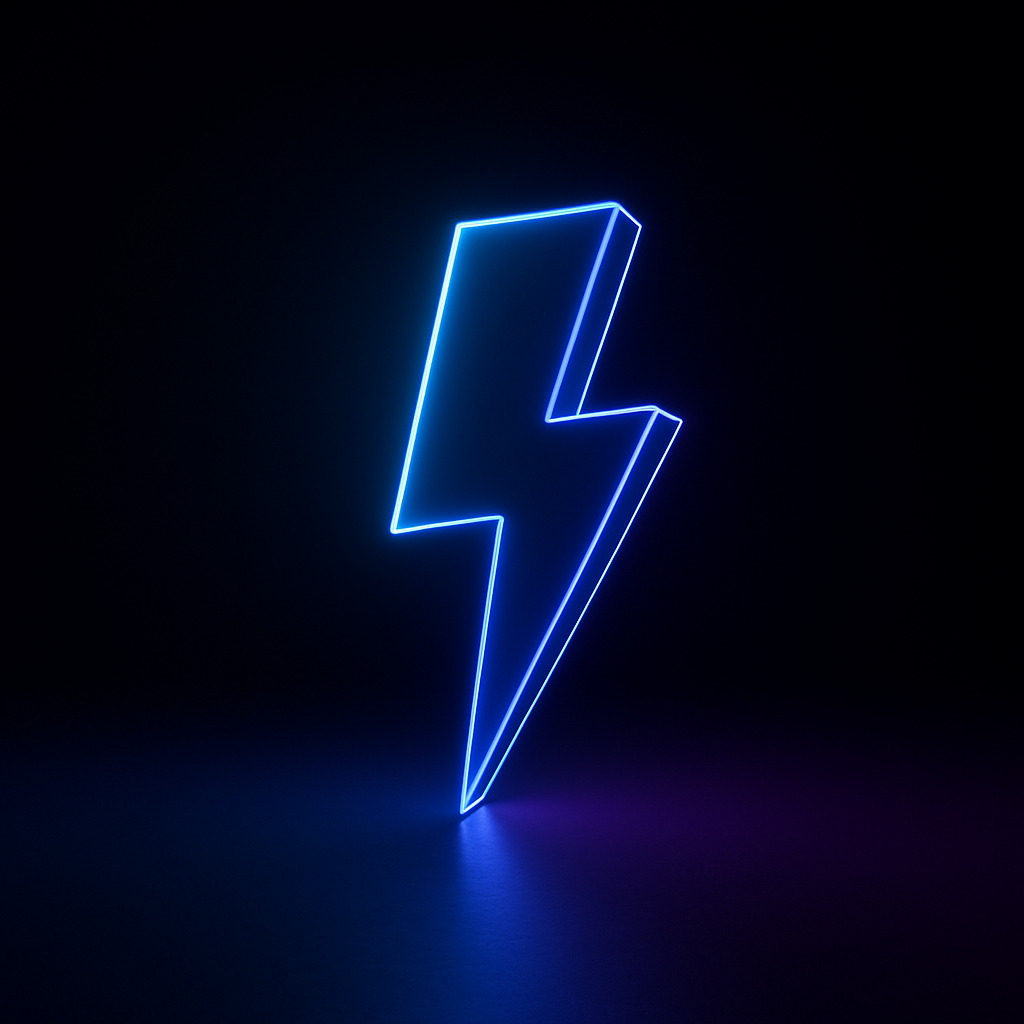 Blue neon lightning bolt sign illuminated in a dark space.