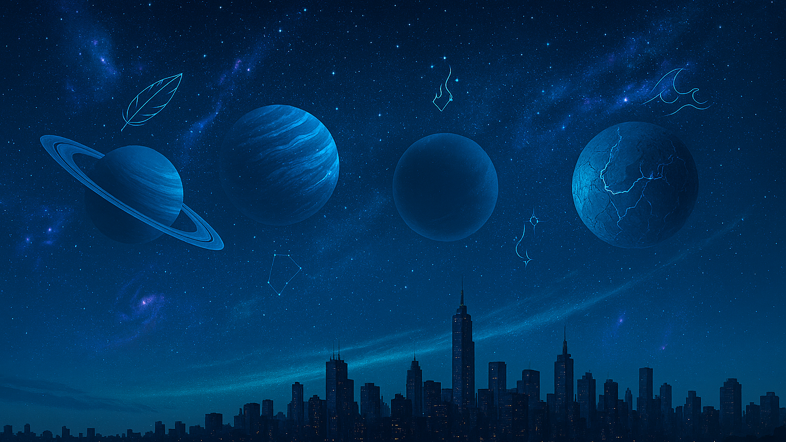 A digital illustration of planets and stars in a galaxy over a city skyline at night, with drawn planets and eclipses.