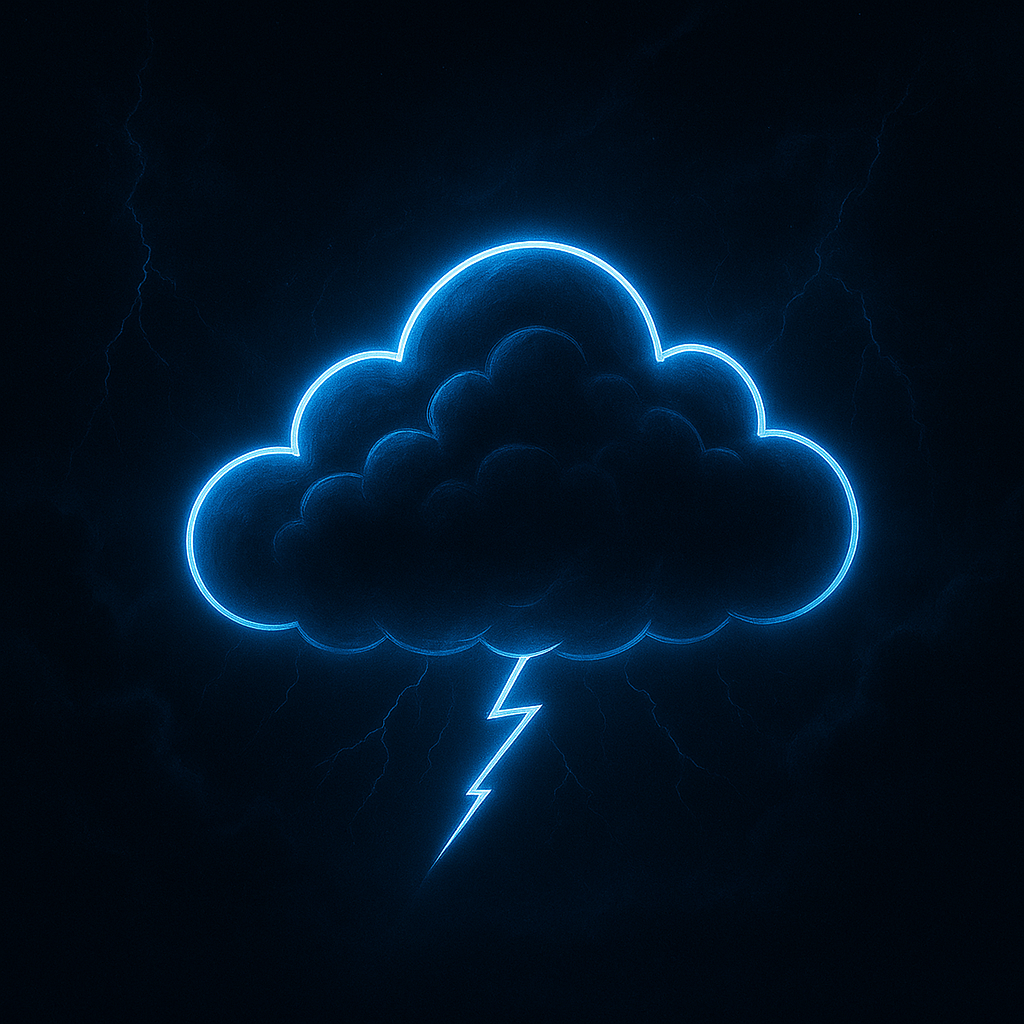 Neon illustration of a storm cloud with a lightning bolt, surrounded by faint lightning streaks in the dark sky.