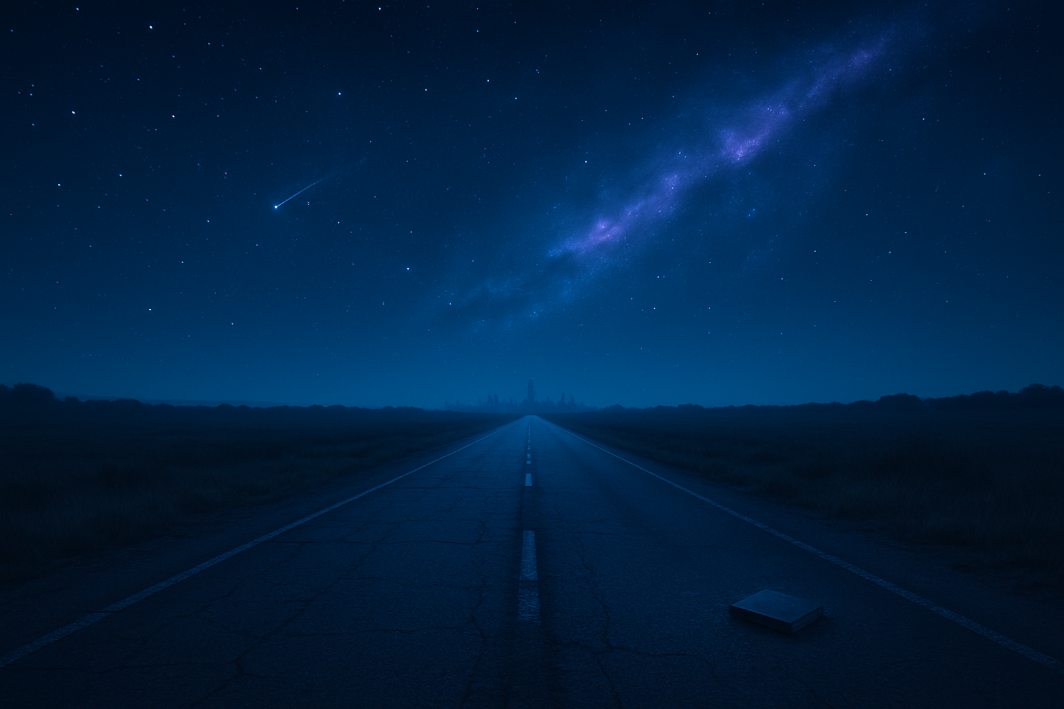 A long empty straight road in a rural area at night, looking towards a distant city skyline. The sky above is clear and filled with stars, including the Milky Way galaxy and a bright shooting star.