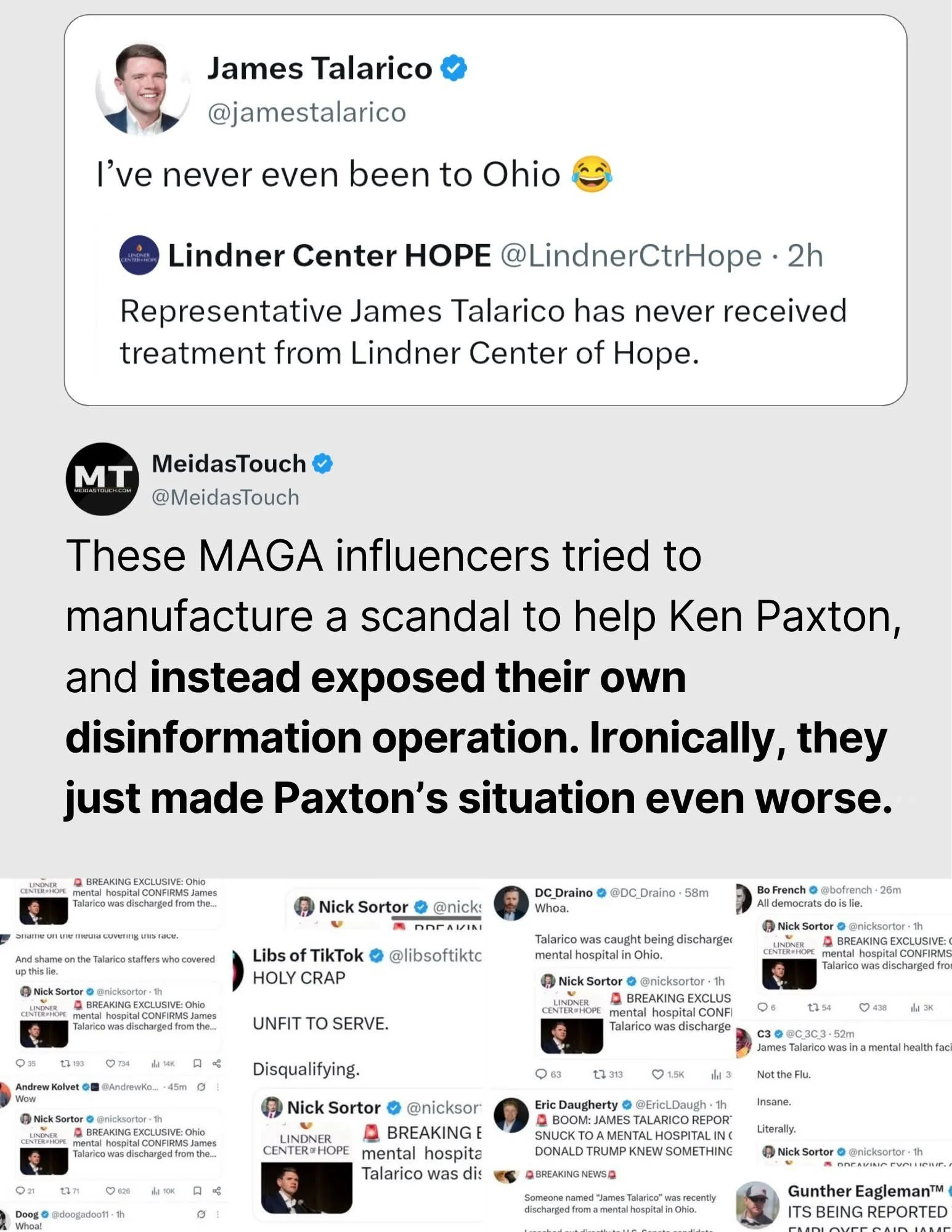 Screenshots from X: Talarico replies "I've never even been to Ohio" to the Lindner Center of Hope's denial, a MeidasTouch post, and posts by Nick Sortor, Libs of TikTok, DC_Draino and others spreading the false claim.