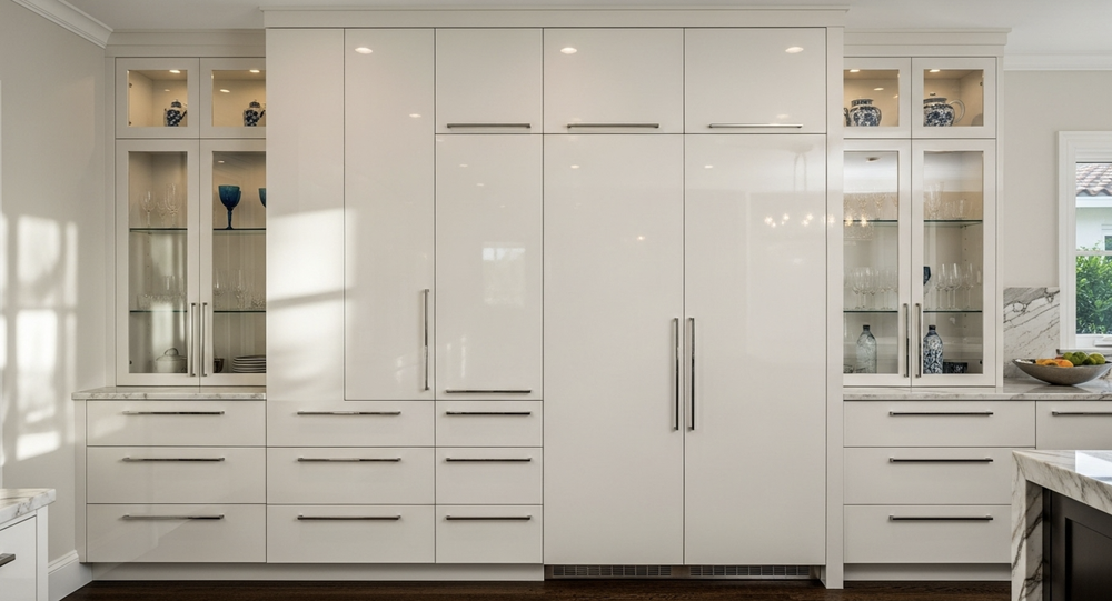 Glossy white kitchen cabinetry with central tall storage and appliance panels, drawers and illuminated glass-front display cabinets on either side