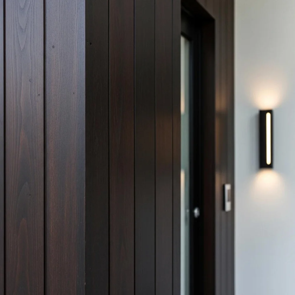 Close view of dark woodgrain vertical wall and doorway detailing beside a lit wall sconce