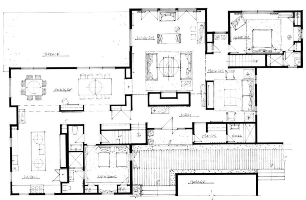 Floor plan of a house with various rooms including a garage, kitchen, dining area, living rooms, bedrooms, bathrooms, and outdoor deck.