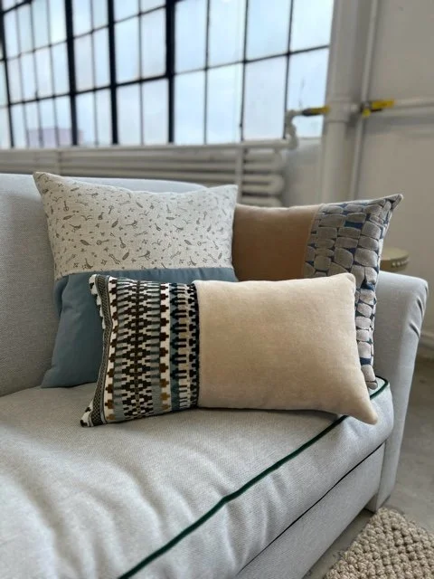 Beige Mohair rectangle pillow with "Temperly London" fabric accent