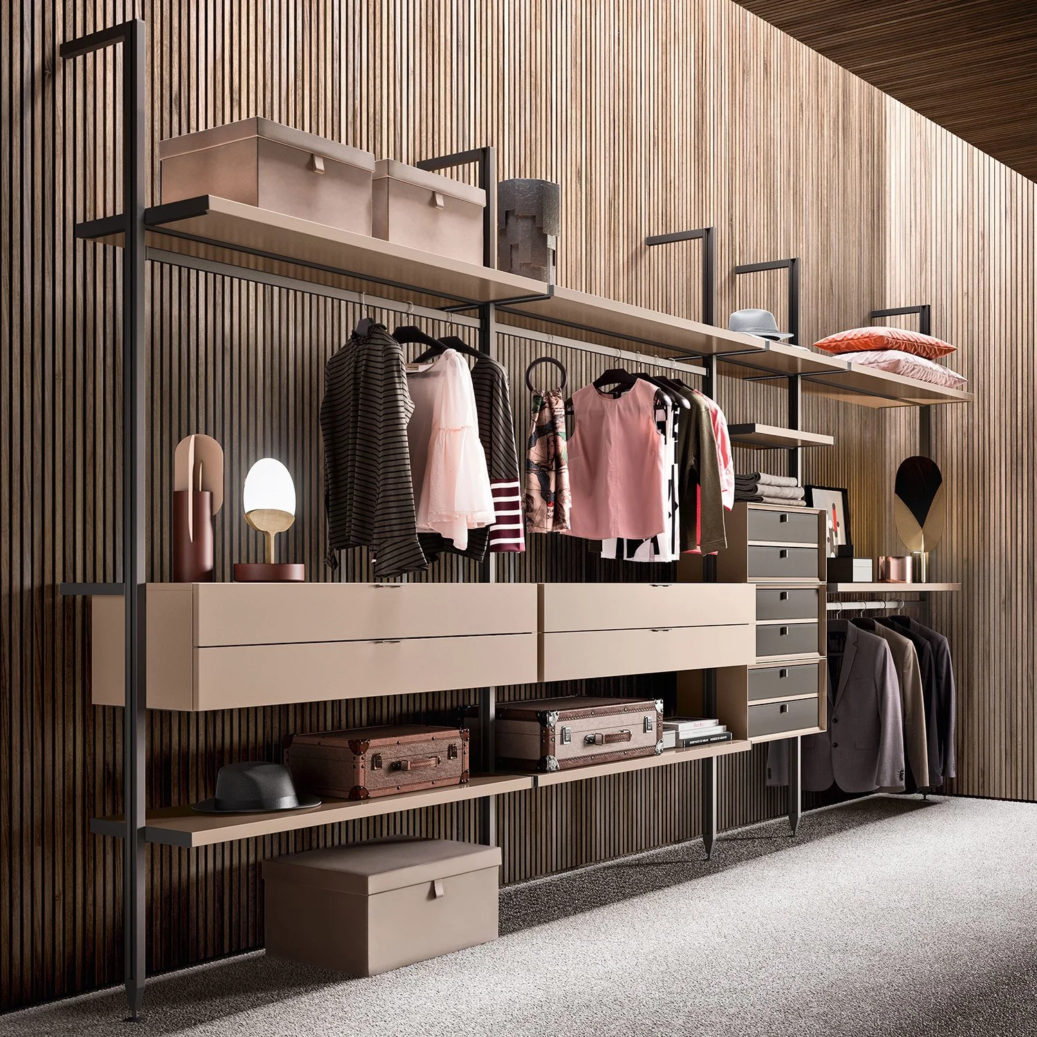 Modern wardrobe with hanging clothes, shelves, storage boxes, and decorative items against a wooden paneled wall.