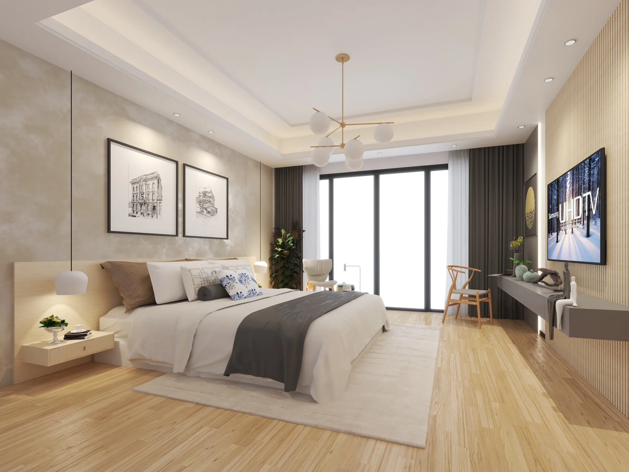 Modern bedroom with a large bed, artwork on the wall, a chandelier, flat-screen TV, and a balcony outside.