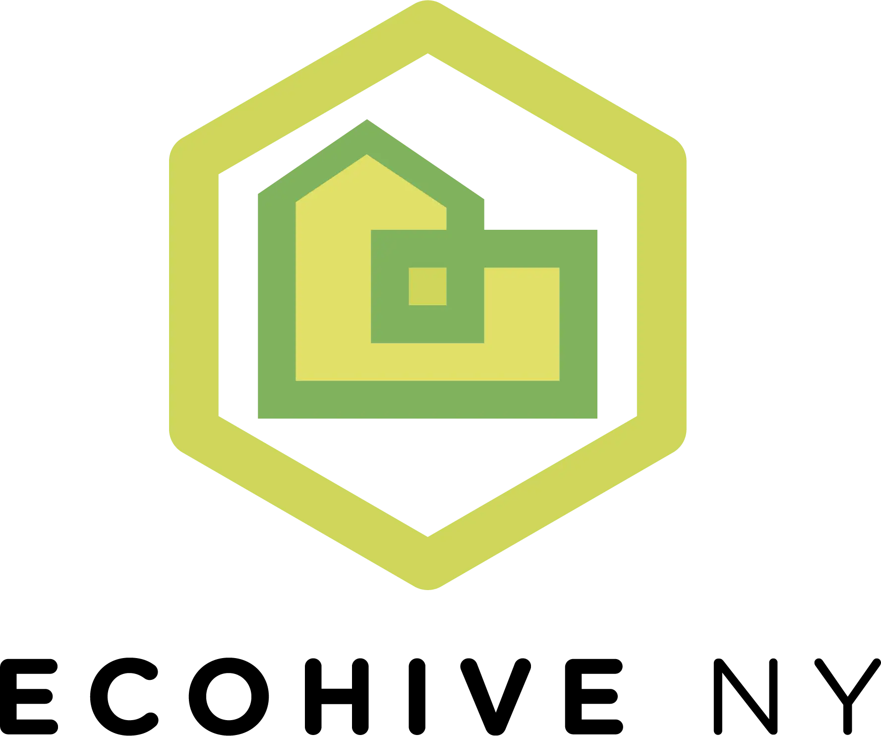 Digital logo featuring a house shape enclosed within a green cube, with layered purple and yellow background elements.