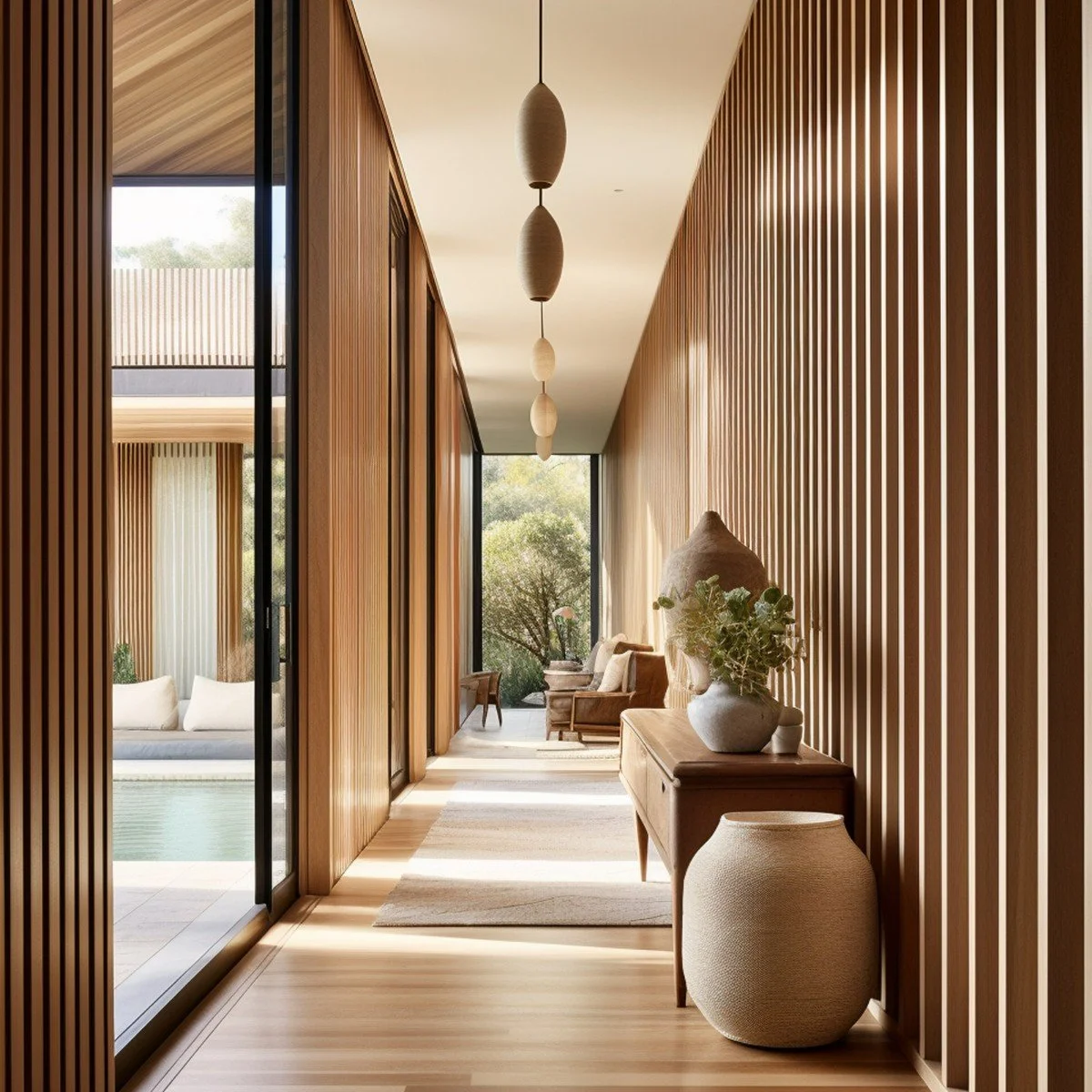 Modern hallway with wooden slat walls, hanging pendant lights, and natural light from large windows showing outdoor trees and seating area.