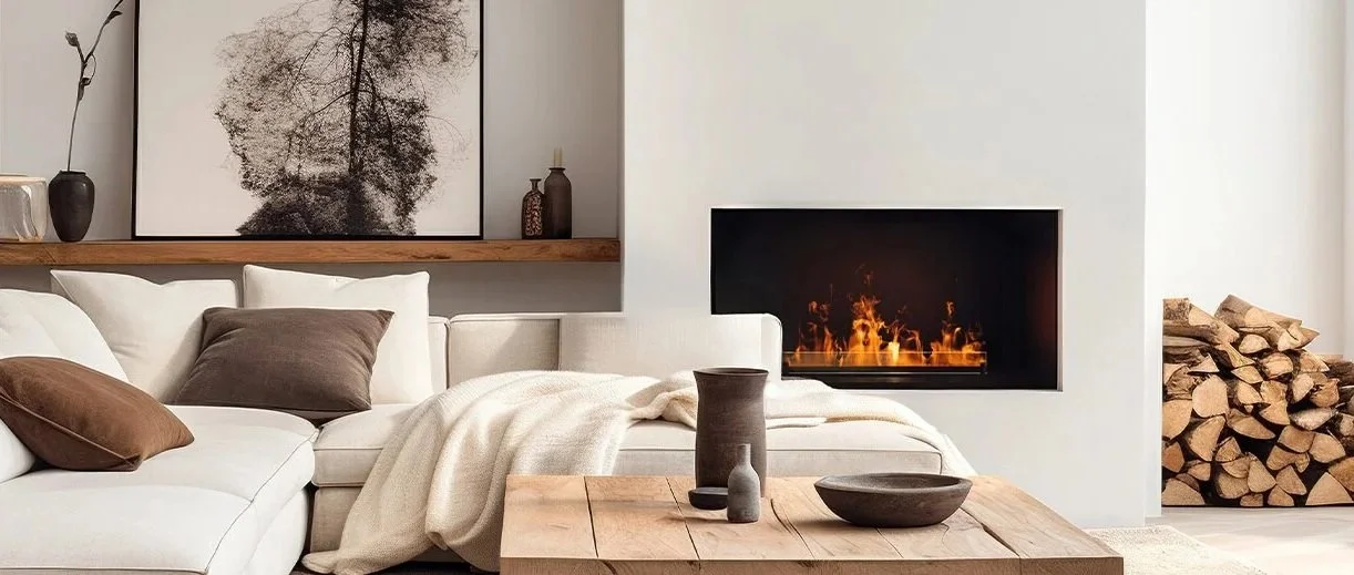 Living room with a white sectional sofa, decorative pillows, a wooden coffee table, wall art, a fireplace with flames, and a stack of firewood in the corner.
