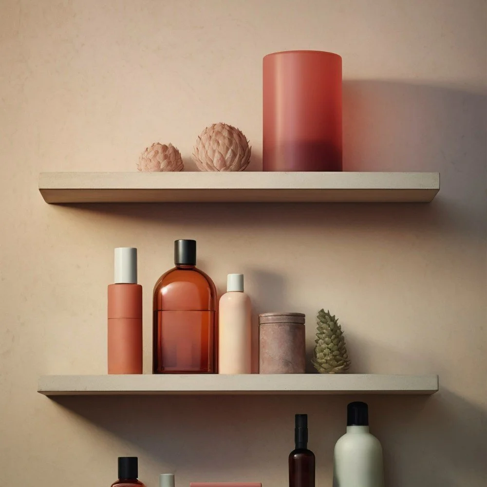 A set of three white floating shelves on a beige wall, displaying decorative items and bottles in pink, brown, and white colors. The top shelf has two artichoke sculptures and a pink cylindrical vase. The middle shelf features five bottles and containers, including a large brown bottle, a pink and white container, and a small green succulent plant. The bottom shelf is partially visible with more bottles.