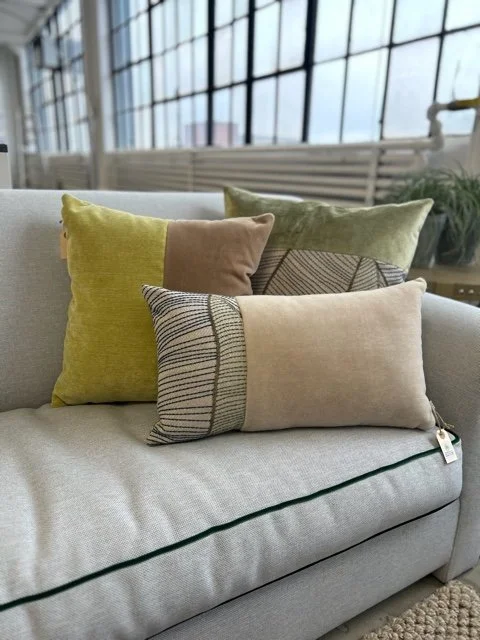 Beige Mohair rectangle pillow with “Larsen fabric” accent